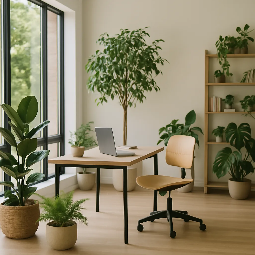 Biophilic office space with windows and greenery.