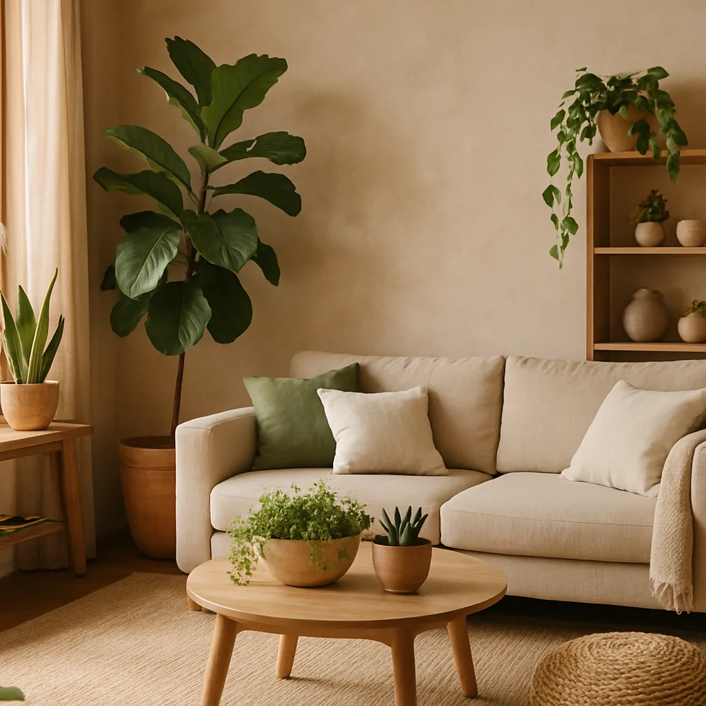 Biophilic home interior with natural materials and plants.