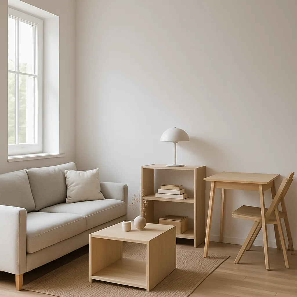 Small minimalist living space with multifunctional furniture