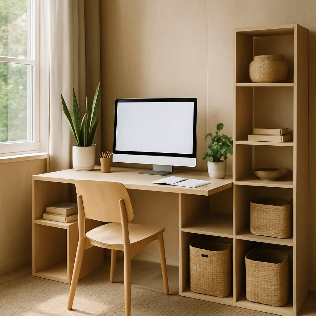 Ufficio domestico con arredamento sostenibile e design modulare.