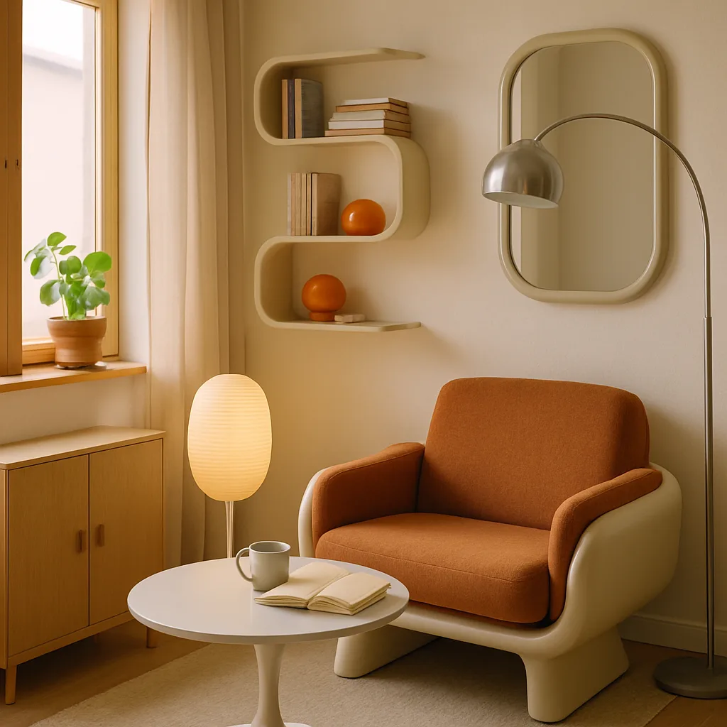 Interno di piccolo spazio con elementi di design retro-futuristico.