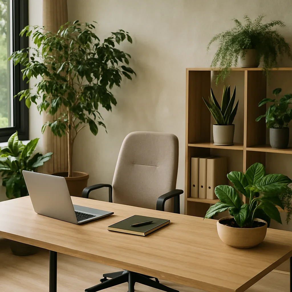 Office interior with plants and wood elements.