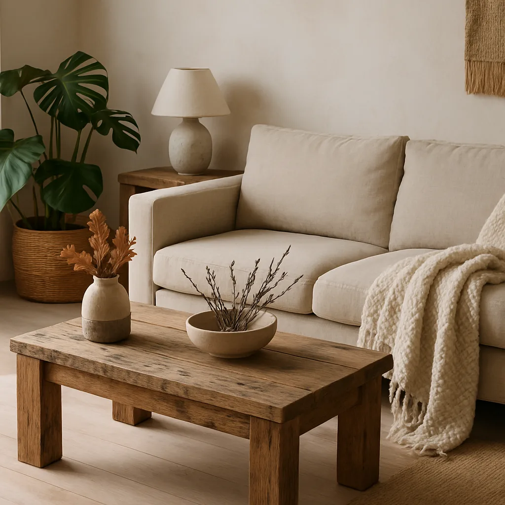 Materiali eco-friendly nell'arredo, legno di recupero e tessuti naturali.