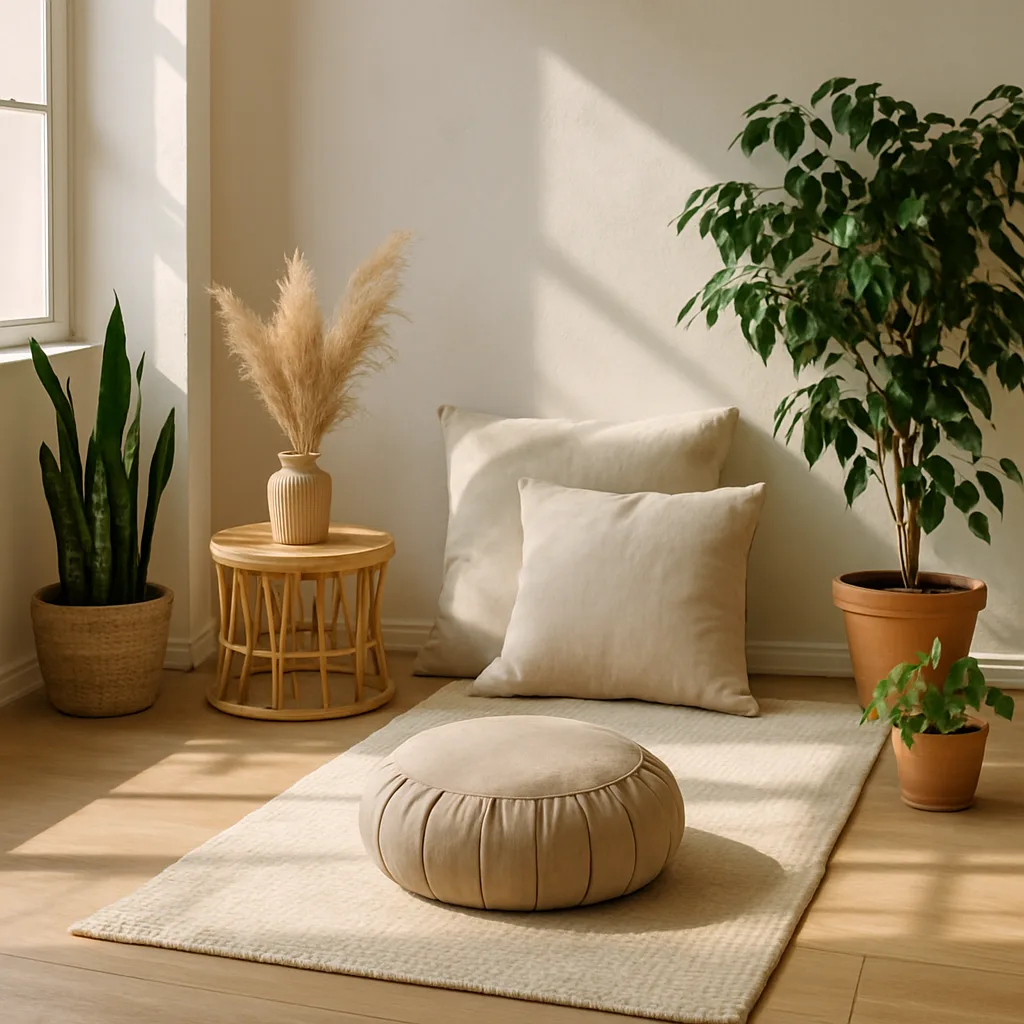 Angolo di meditazione con luce naturale, cuscini e piante.