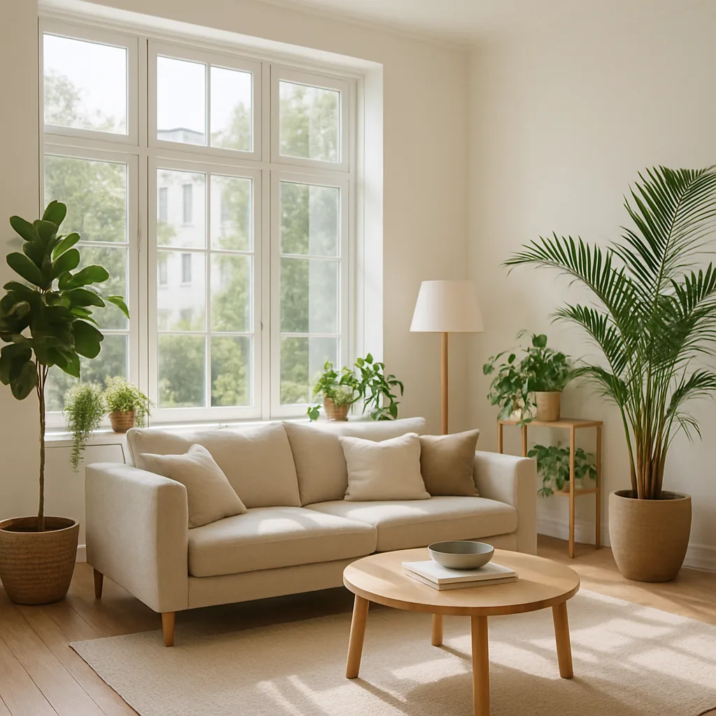 Living room with natural light and biophilic design