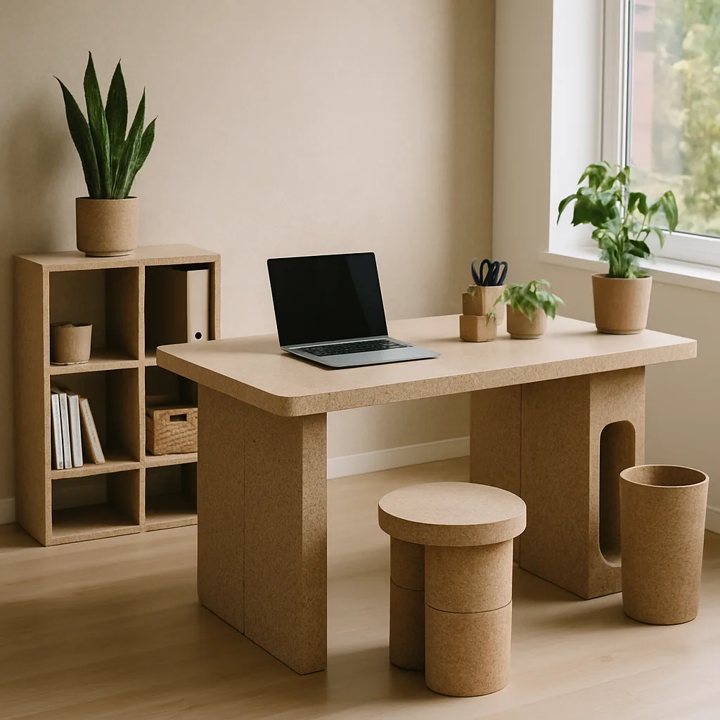 Spazio ufficio moderno con mobili modulari e accessori eco-friendly.