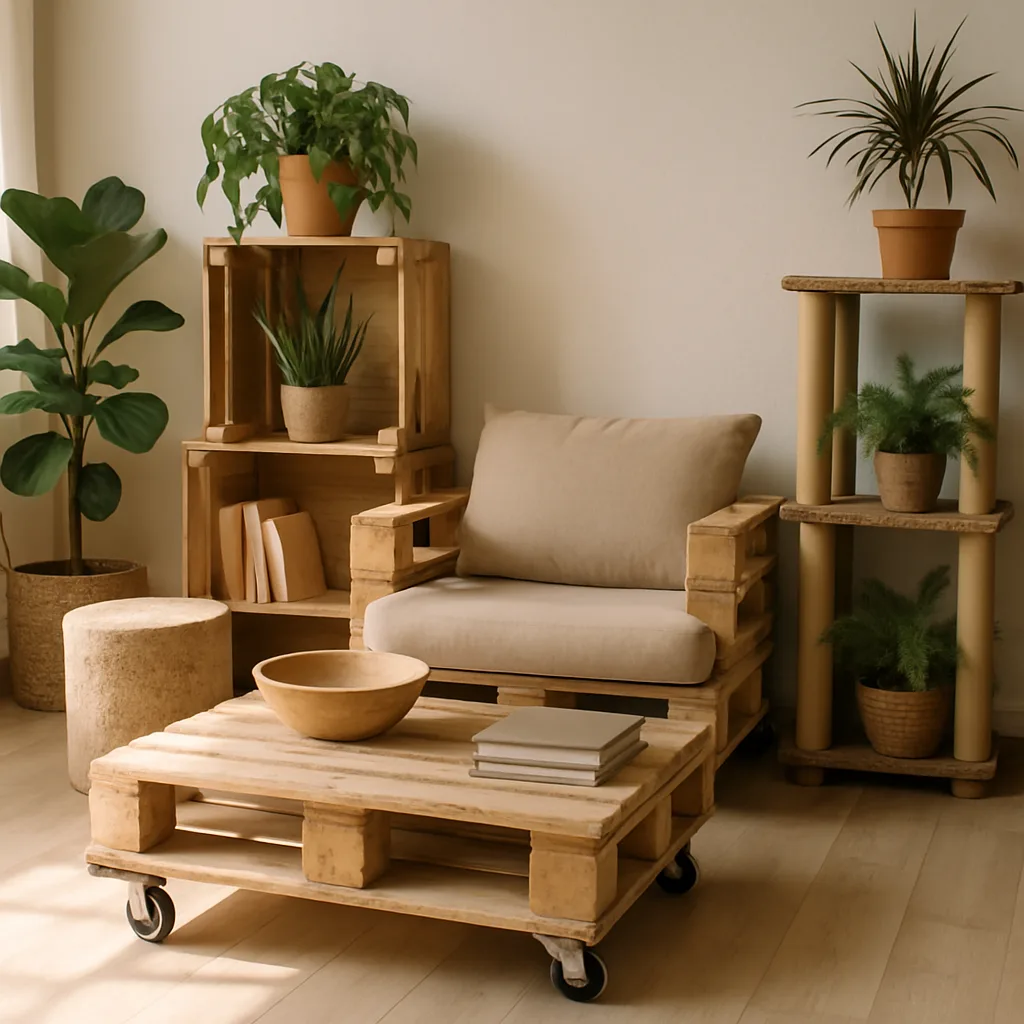 Interno accogliente con mobili fai-da-te e materiali riciclati.