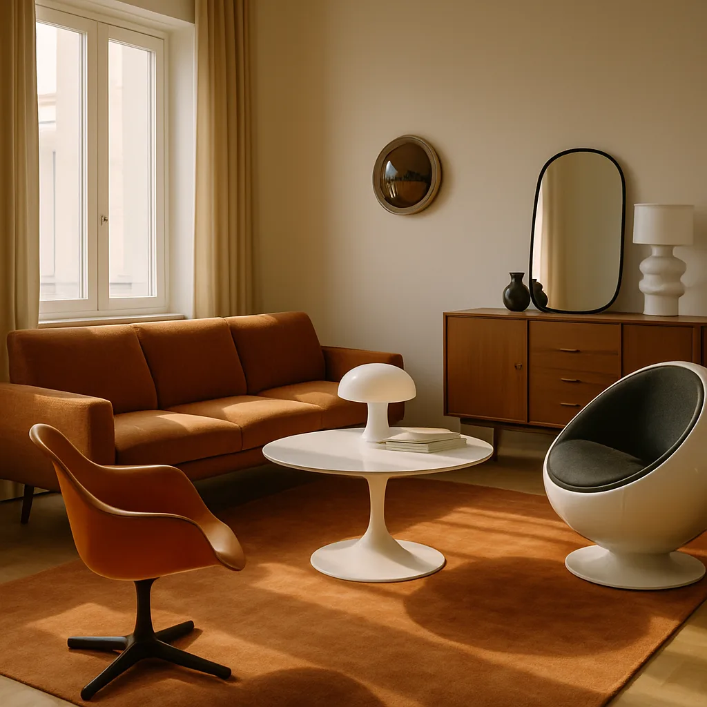 Soggiorno arredato in stile retro-futuristico.