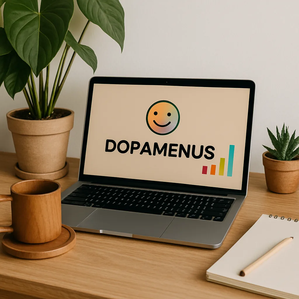 Workspace with natural wood and plants, illustrating Dopamenus