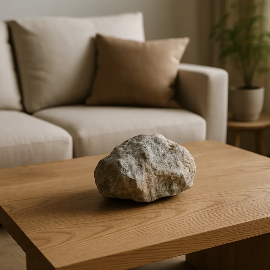 Tavolo in legno con centrotavola in pietra in un soggiorno moderno.