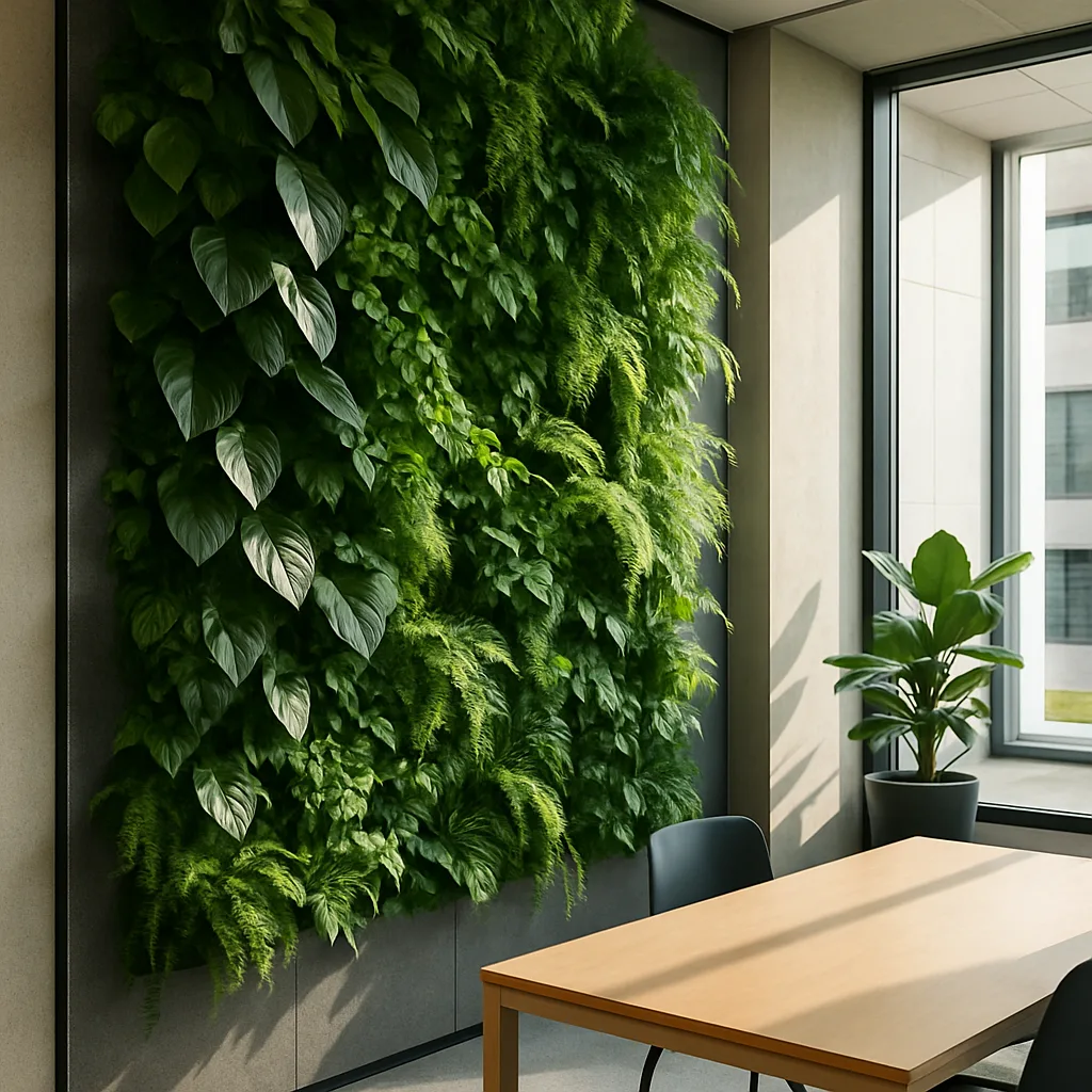Giardino verticale in un ufficio moderno con luce naturale.