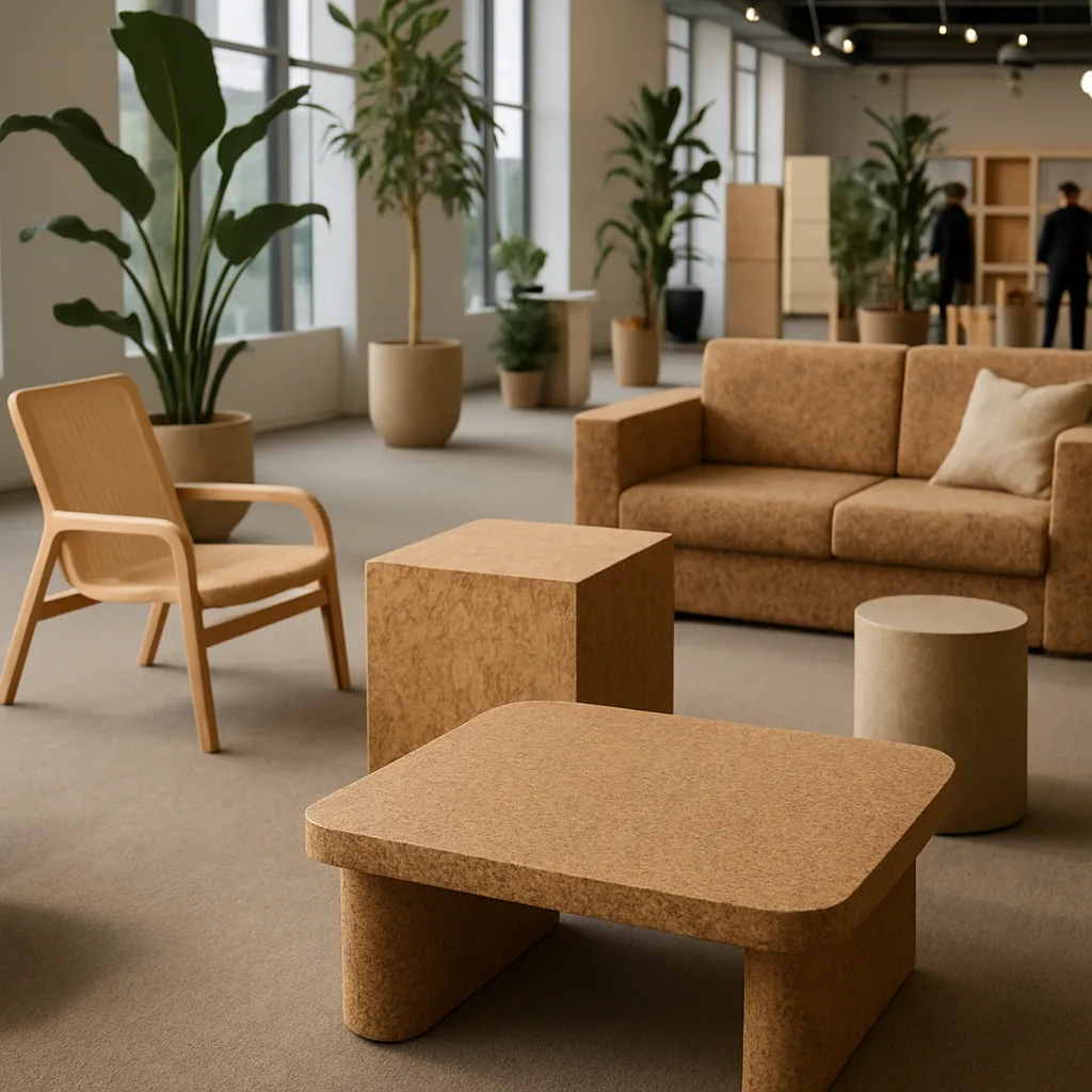 Mostra di mobili sostenibili con materiali eco-friendly alla fiera del design 2026.