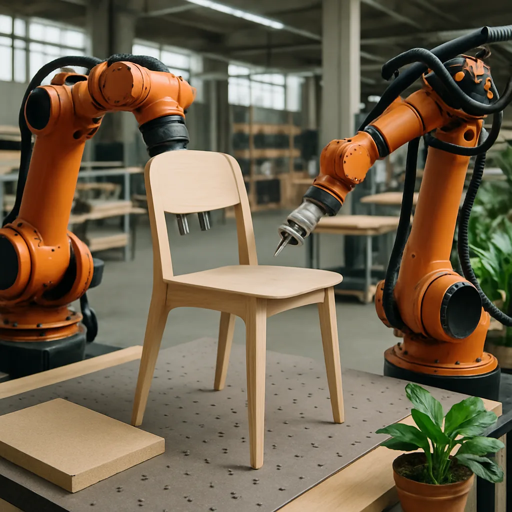 Produzione industriale di mobili sostenibili con AI e robotica, materiali ecologici.