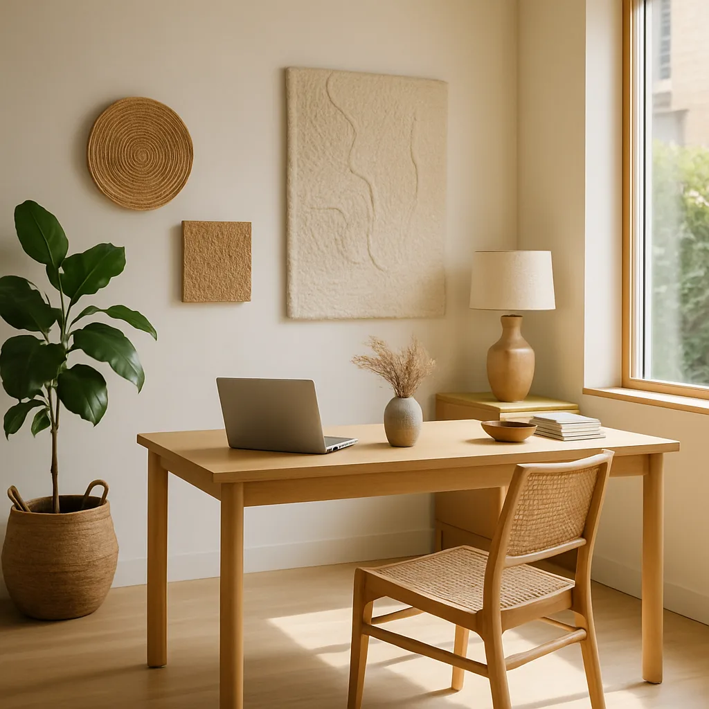 Ufficio moderno con decorazioni artigianali e materiali sostenibili