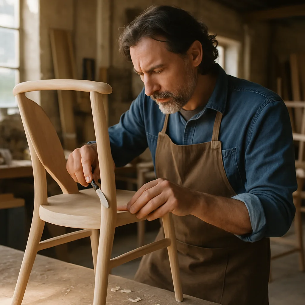 Artigiano che lavora una sedia di legno in un laboratorio