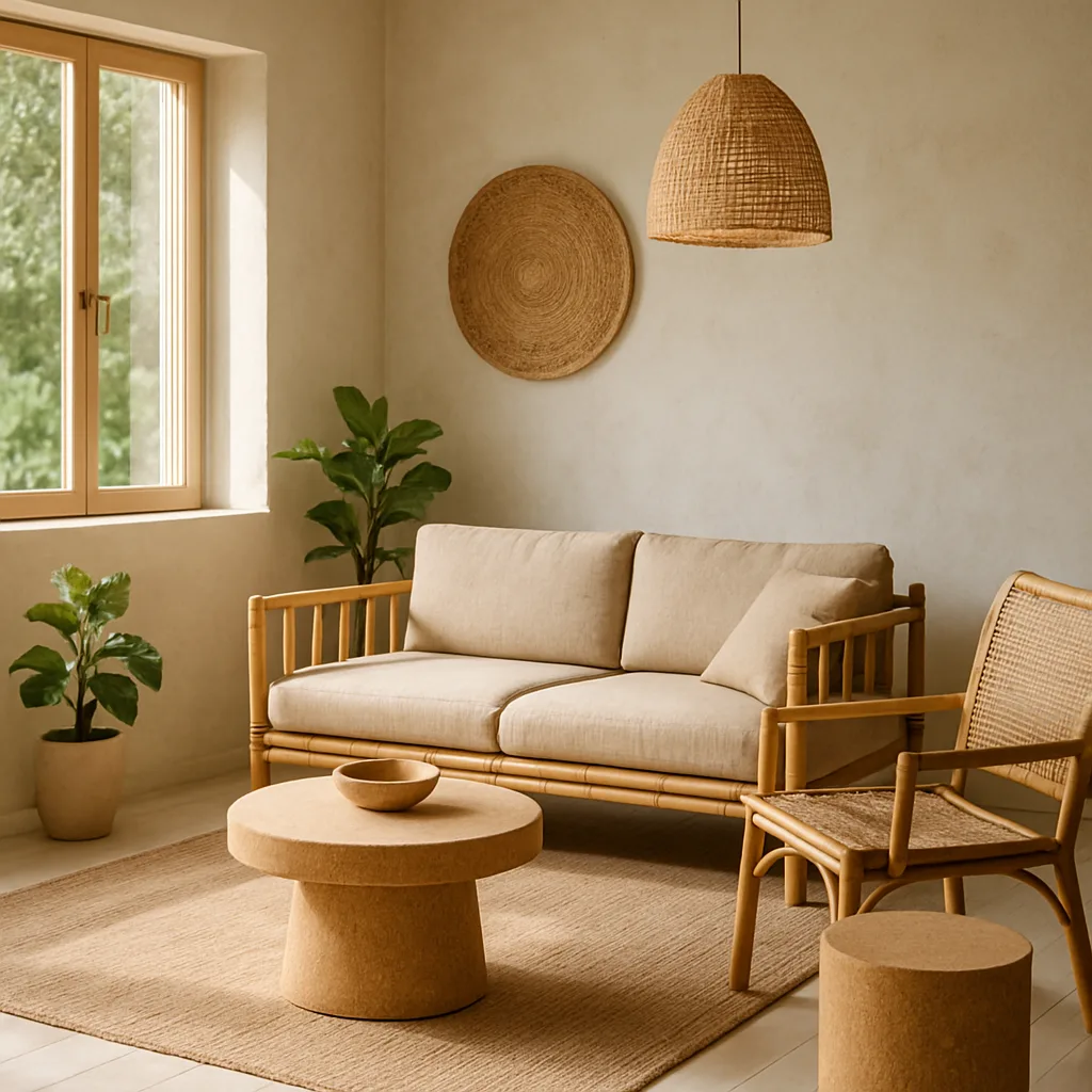 Living room with sustainable furniture and minimalist design from Biennale di Venezia 2026.