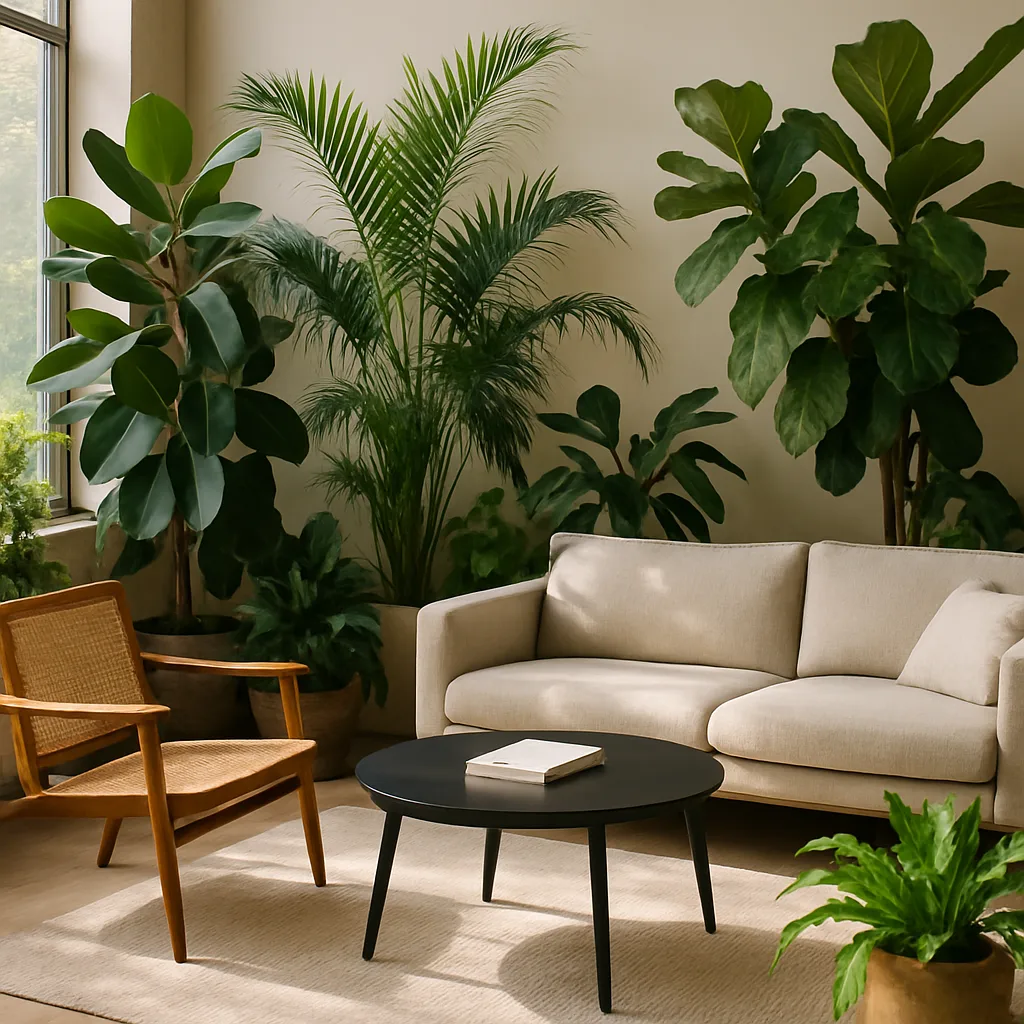 Giardino interno con piante lussureggianti e arredi moderni in un ambiente domestico elegante.