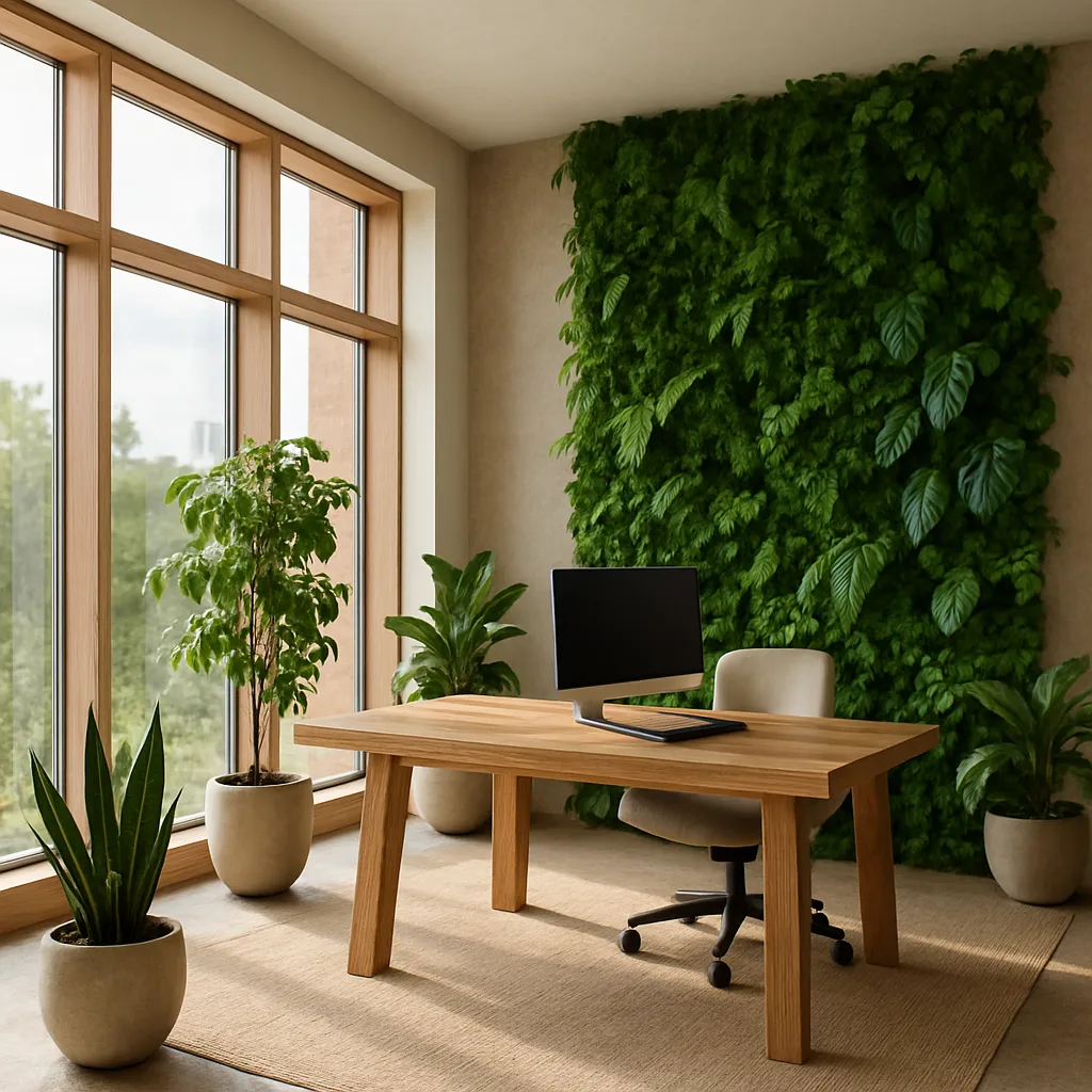 Ufficio con grandi finestre, materiali naturali e una parete verde, esempio di design biophilic.