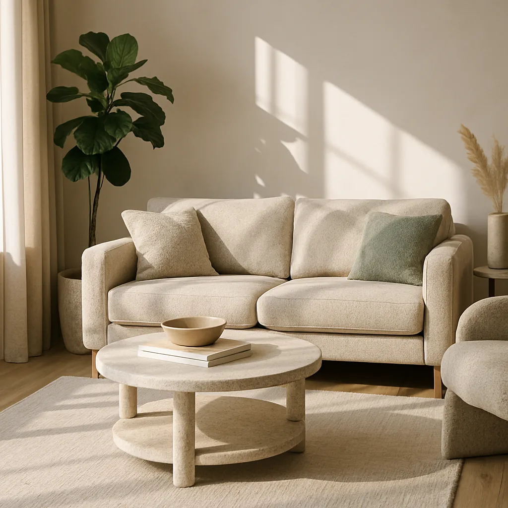 Living room with recycled fabric upholstery.