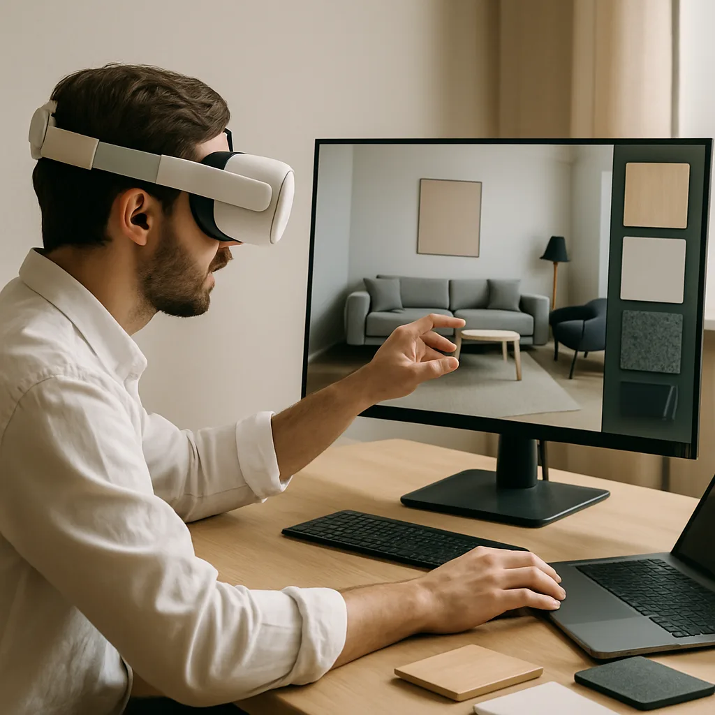 Designer utilizing VR headset for virtual interior design project