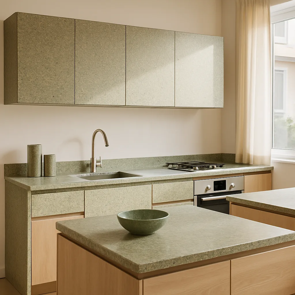 Cucina moderna minimalista con elementi in bioplastica e vetro riciclato