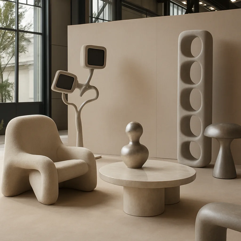Installazione artistica a una fiera del design con elementi post-futuristici